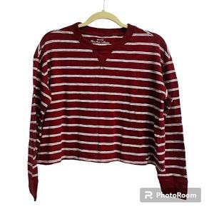 Hollister Womens Maroon White Stripe Pullover Crop Top XS Long Sleeves Cotton